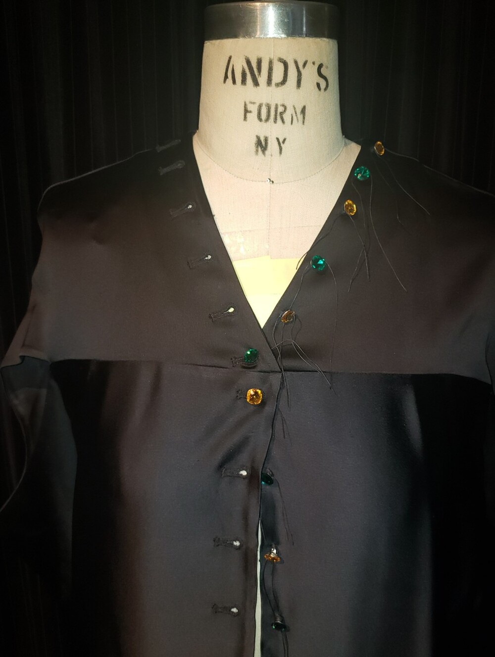 COS black Viscose Blend W Genuine Swarovski Green Gold Buttons Midi Drape Dress